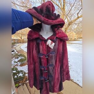 DENNIS BY DENNIS BASSO MAROON & BLK WINE SHINY FAUX FUR HOODED COAT SIZE MEDIUM